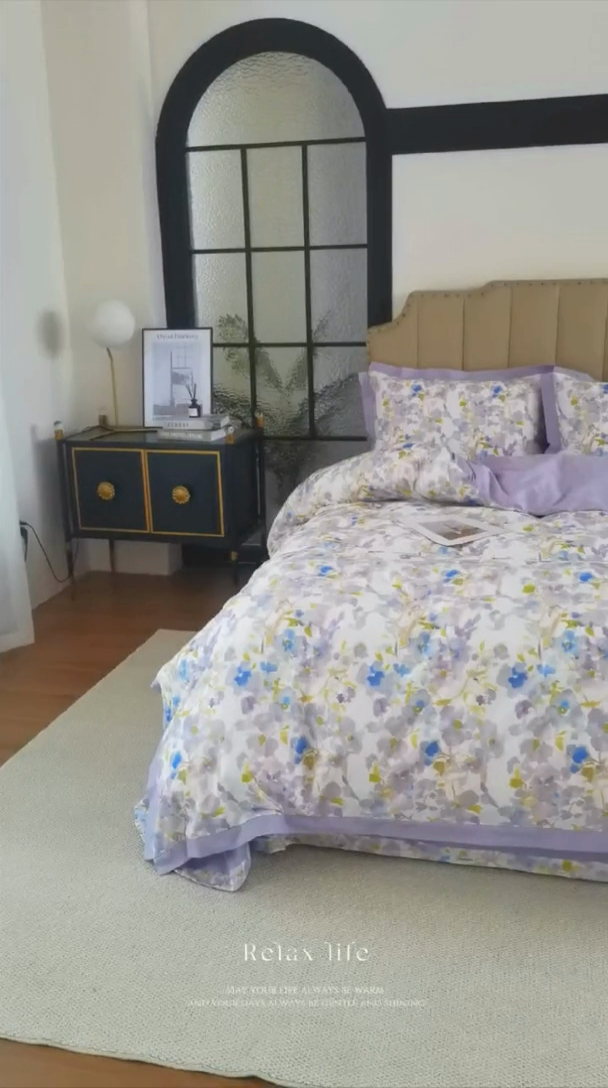 91家纺网 家纺一手货源 找家纺 （总）纯色雨家纺 2025新款全棉斜纹纯棉四件套数码印花中高端套件-紫堇生花