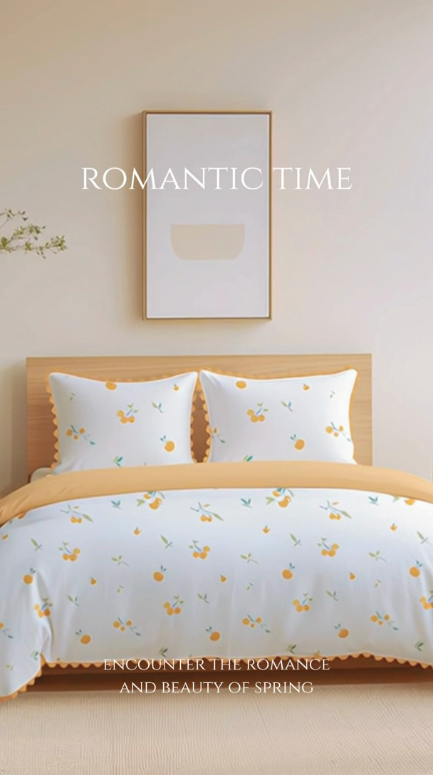 91家纺网 家纺一手货源 找家纺 纯色雨家纺 2025新款全棉斜纹跨境日韩欧美纯棉四件套数码印花南通家纺面料尺寸花型可定制 吉柿相伴