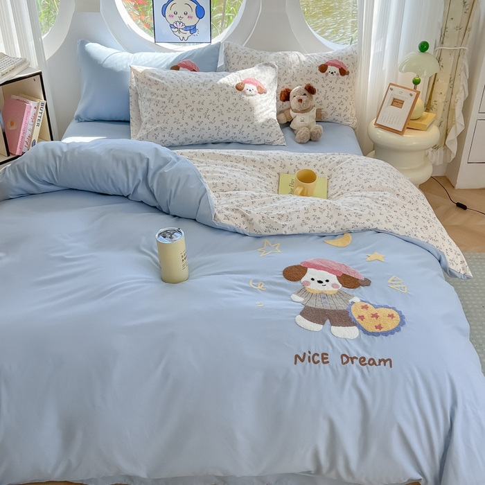 91家纺网 家纺一手货源 找家纺 罗亿家纺 2025新款110g高克重云朵棉直播热款毛巾绣四件套 晚安小狗