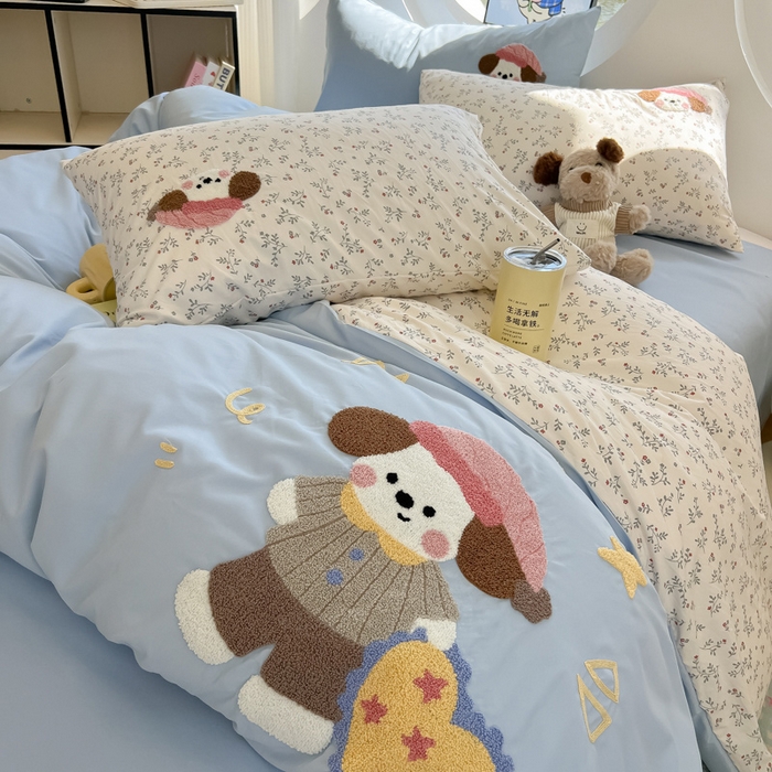 91家纺网 家纺一手货源 找家纺 罗亿家纺 2025新款110g高克重云朵棉直播热款毛巾绣四件套 晚安小狗