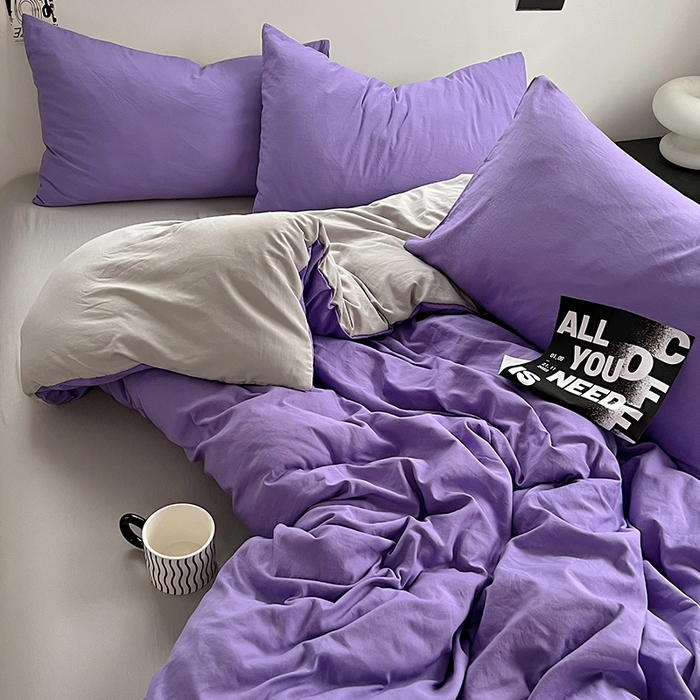 91家纺网 家纺一手货源 找家纺 思诺羽床笠 2025新款水洗棉四件套 罗兰紫拼灰