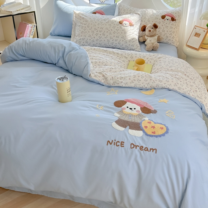 91家纺网 家纺一手货源 找家纺 罗亿家纺 2025新款110g高克重云朵棉直播热款毛巾绣四件套 晚安小狗