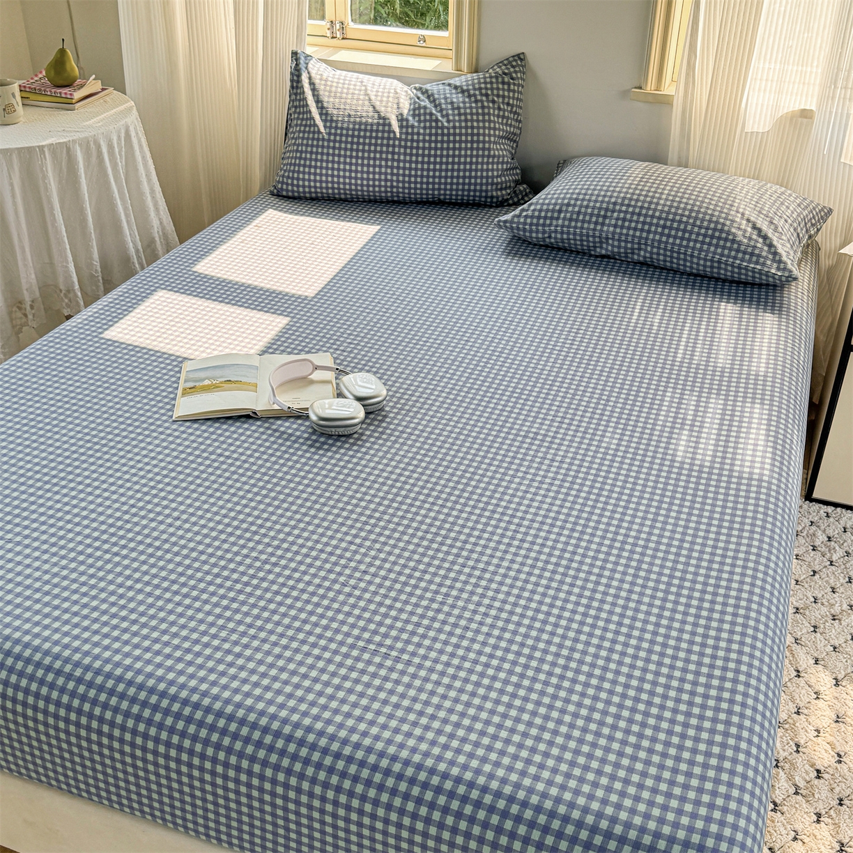 91家纺网 家纺一手货源 找家纺 多品家纺 2025新款超柔云感双层纱水洗棉单品床笠 绿格