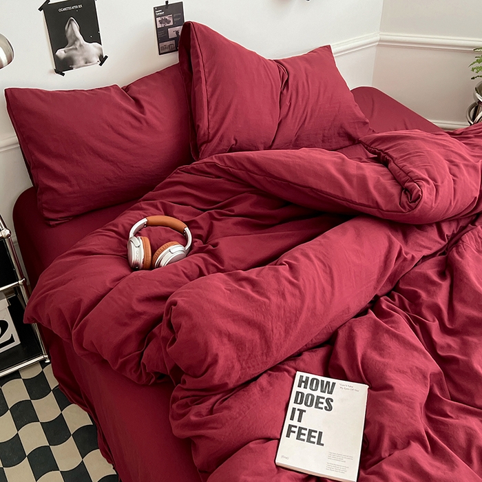 91家纺网 家纺一手货源 找家纺 思诺羽床笠 2025新款水洗棉四件套 胭脂红