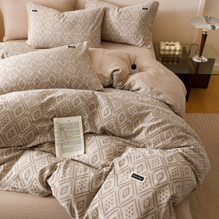 91家纺网 家纺一手货源 找家纺 艾莱家纺 2025新款棉麻风色织提花水洗棉全棉纯棉四件套-梦享 梦享-稻香咖