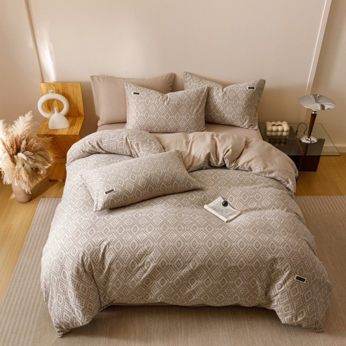 91家纺网 家纺一手货源 找家纺 艾莱家纺 2025新款棉麻风色织提花水洗棉全棉纯棉四件套-梦享 梦享-稻香咖