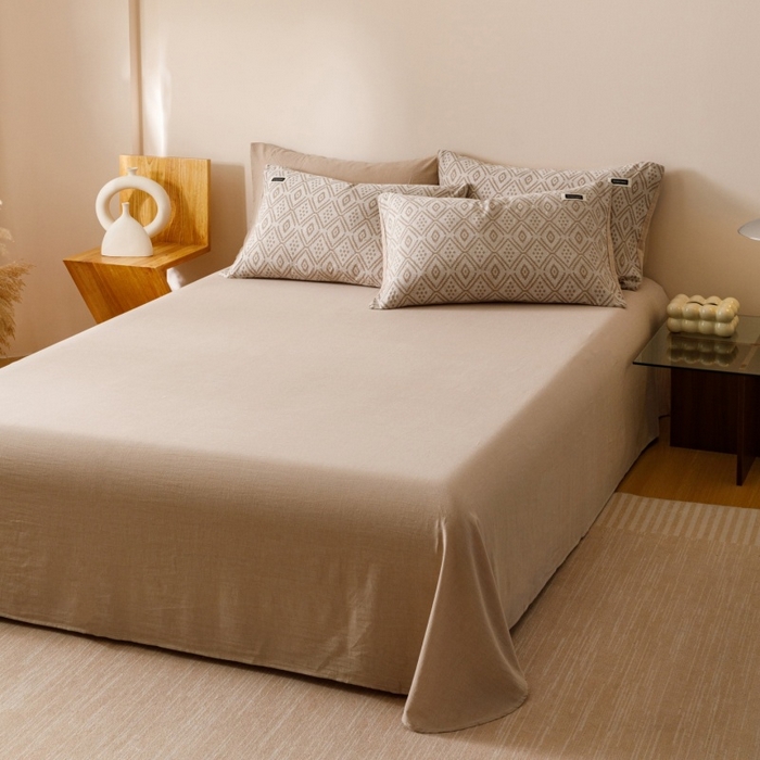 91家纺网 家纺一手货源 找家纺 艾莱家纺 2025新款棉麻风色织提花水洗棉全棉纯棉四件套-梦享 梦享-稻香咖