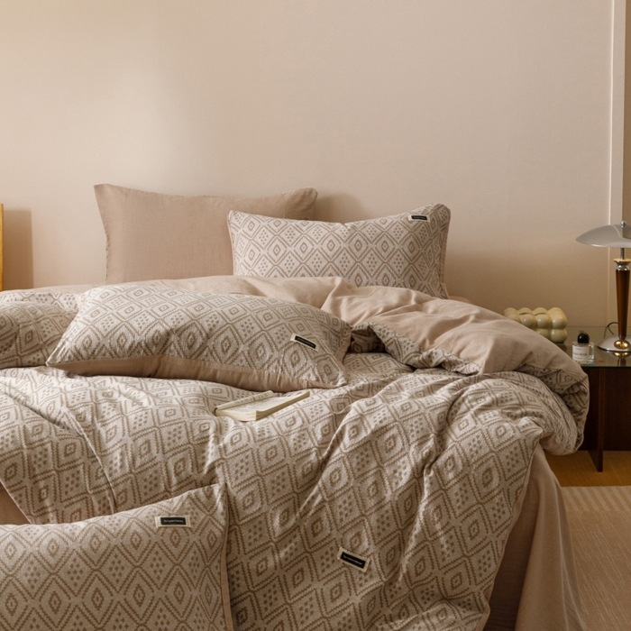 91家纺网 家纺一手货源 找家纺 （总）艾莱家纺 2025新款棉麻风色织提花水洗棉全棉纯棉四件套-梦享