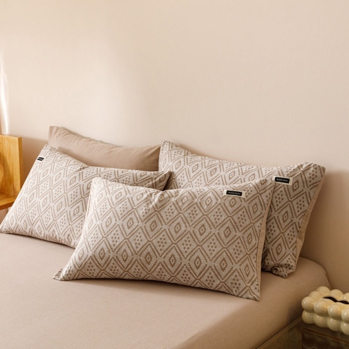 91家纺网 家纺一手货源 找家纺 艾莱家纺 2025新款棉麻风色织提花水洗棉全棉纯棉四件套-梦享 梦享-稻香咖