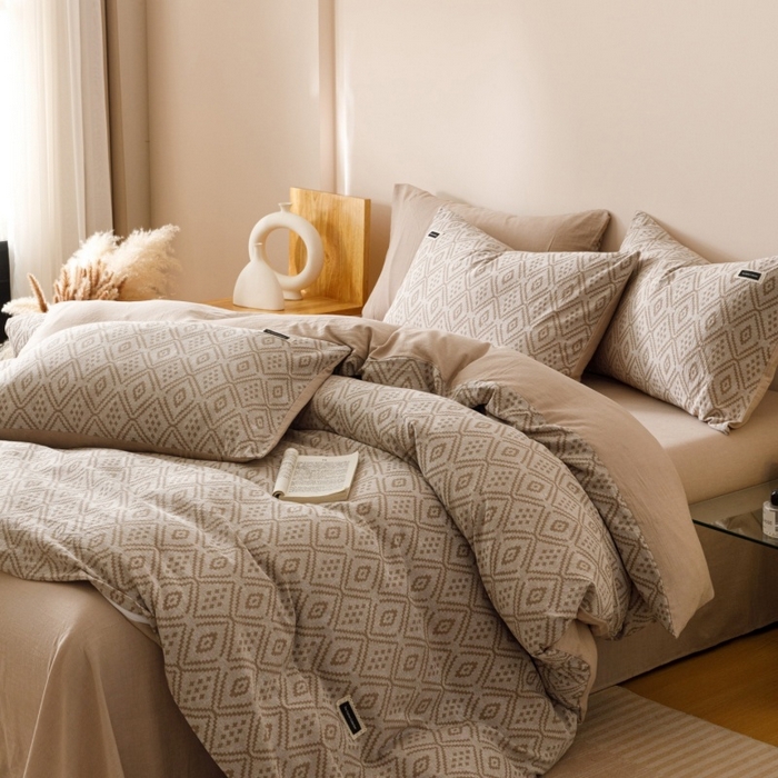 91家纺网 家纺一手货源 找家纺 艾莱家纺 2025新款棉麻风色织提花水洗棉全棉纯棉四件套-梦享 梦享-稻香咖