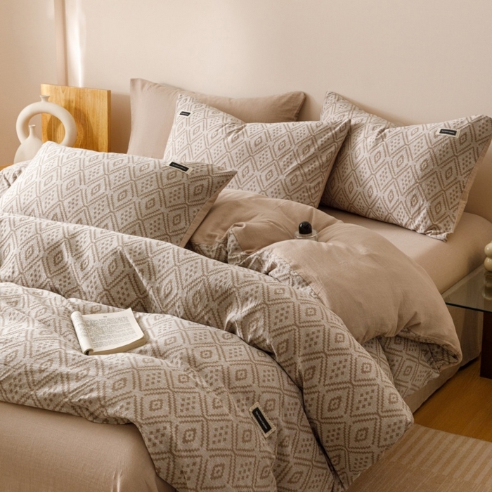 艾莱家纺 2025新款棉麻风色织提花水洗棉全棉纯棉四件套-梦享 梦享-稻香咖