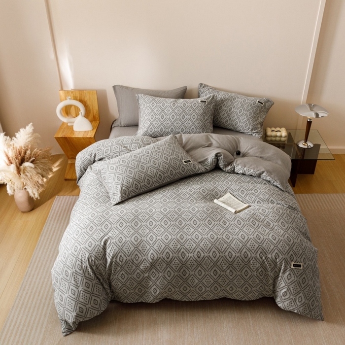 91家纺网 家纺一手货源 找家纺 艾莱家纺 2025新款棉麻风色织提花水洗棉全棉纯棉四件套-梦享 梦享-北欧灰