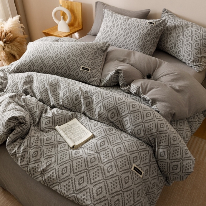 91家纺网 家纺一手货源 找家纺 艾莱家纺 2025新款棉麻风色织提花水洗棉全棉纯棉四件套-梦享 梦享-北欧灰