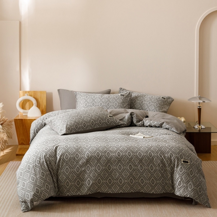 91家纺网 家纺一手货源 找家纺 艾莱家纺 2025新款棉麻风色织提花水洗棉全棉纯棉四件套-梦享 梦享-北欧灰