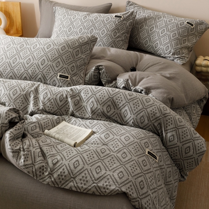 艾莱家纺 2025新款棉麻风色织提花水洗棉全棉纯棉四件套-梦享 梦享-北欧灰