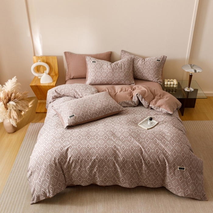 91家纺网 家纺一手货源 找家纺 艾莱家纺 2025新款棉麻风色织提花水洗棉全棉纯棉四件套-梦享 梦享-红咖色