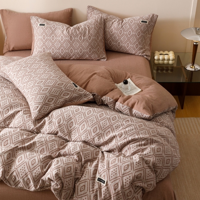 91家纺网 家纺一手货源 找家纺 艾莱家纺 2025新款棉麻风色织提花水洗棉全棉纯棉四件套-梦享 梦享-红咖色