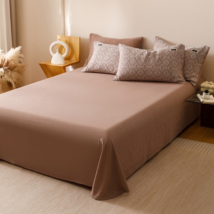 91家纺网 家纺一手货源 找家纺 艾莱家纺 2025新款棉麻风色织提花水洗棉全棉纯棉四件套-梦享 梦享-红咖色