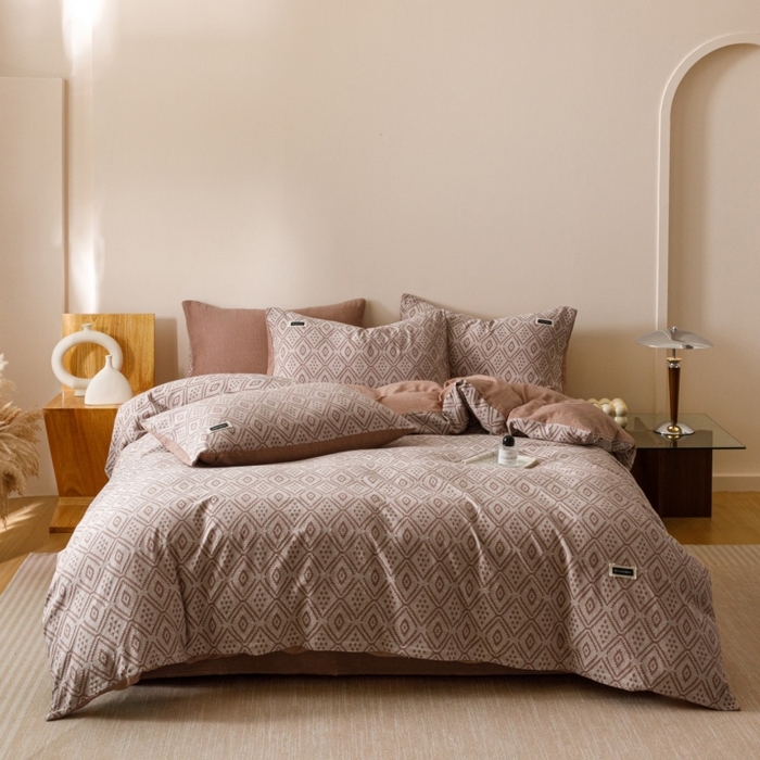 91家纺网 家纺一手货源 找家纺 艾莱家纺 2025新款棉麻风色织提花水洗棉全棉纯棉四件套-梦享 梦享-红咖色