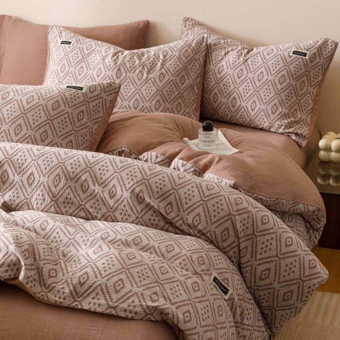 艾莱家纺 2025新款棉麻风色织提花水洗棉全棉纯棉四件套-梦享 梦享-红咖色