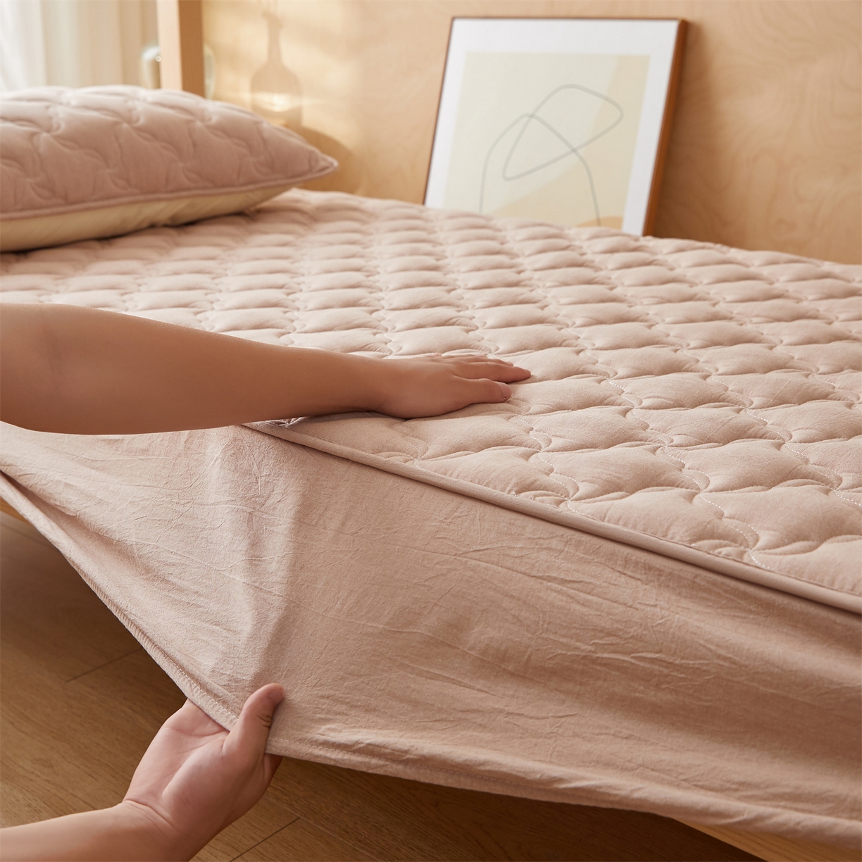 91家纺网 家纺一手货源 找家纺 多谷家纺 2025新款学生全棉纯棉色织水洗棉大豆床笠单床笠 卡其