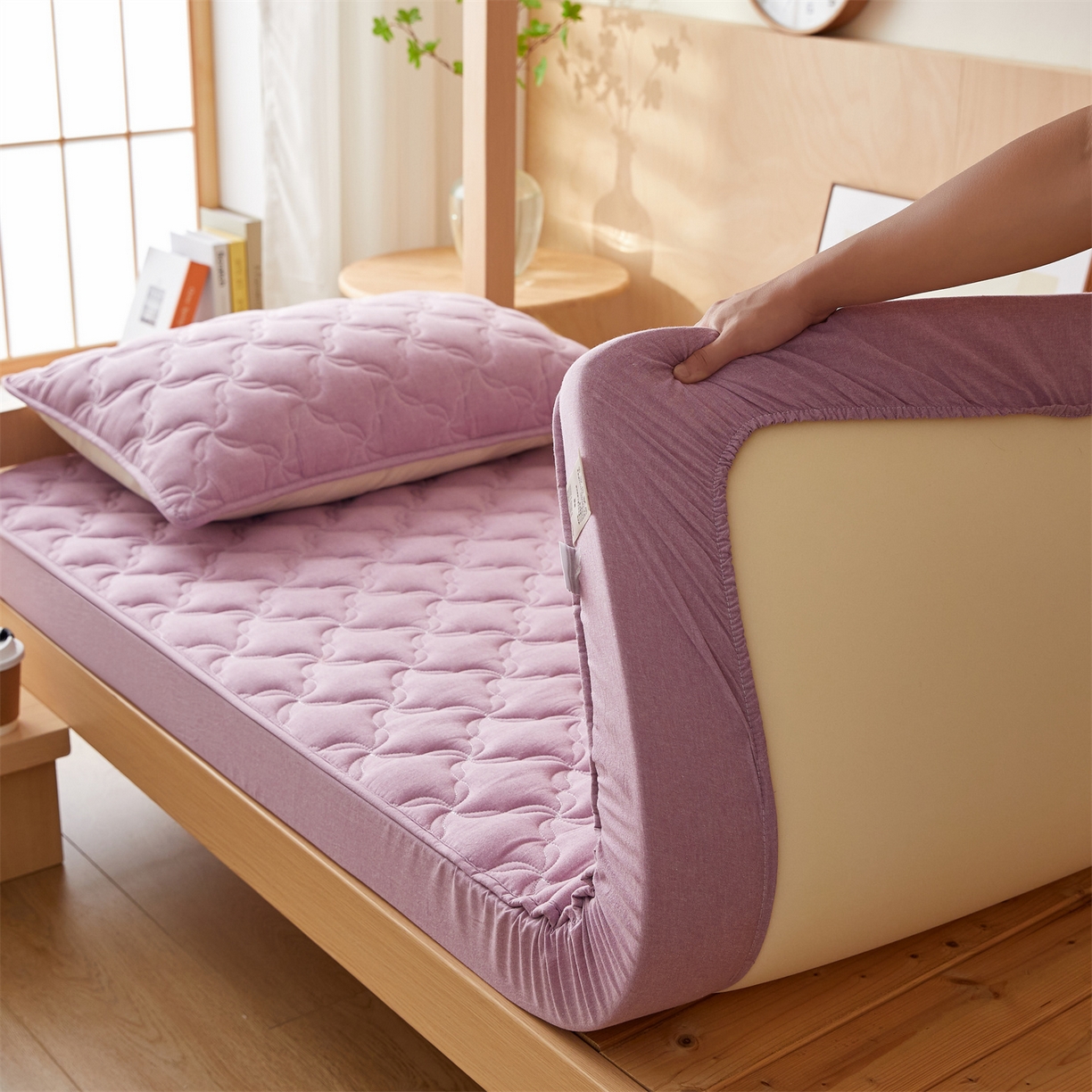 91家纺网 家纺一手货源 找家纺 多谷家纺 2025新款学生全棉纯棉色织水洗棉大豆床笠单床笠 浅紫色