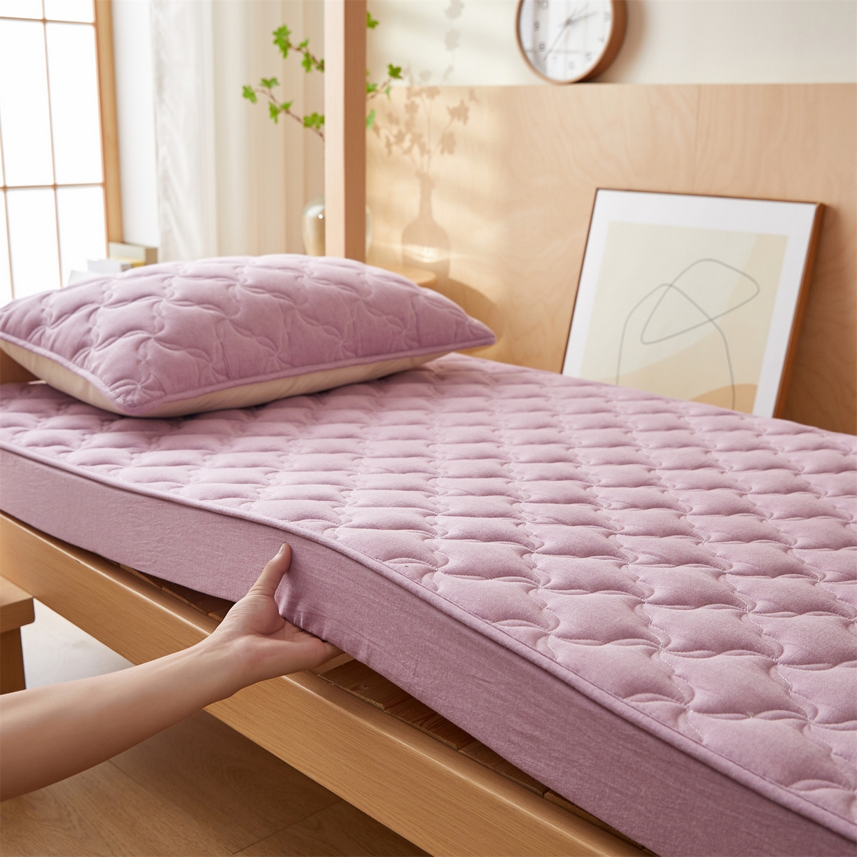 91家纺网 家纺一手货源 找家纺 多谷家纺 2025新款学生全棉纯棉色织水洗棉大豆床笠单床笠 浅紫色