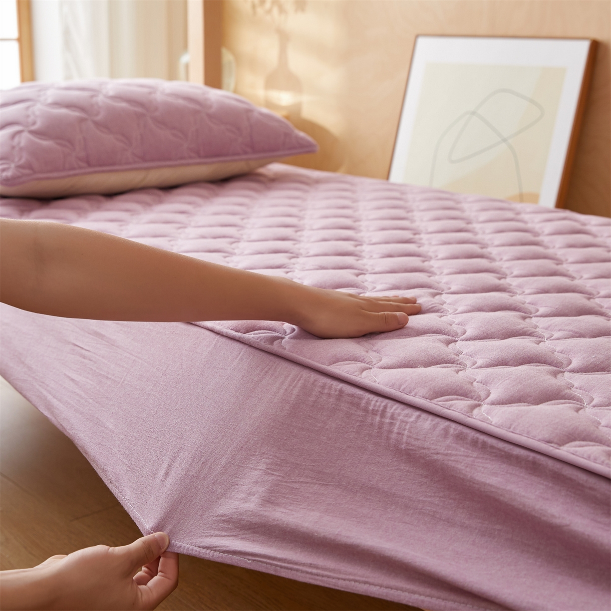 91家纺网 家纺一手货源 找家纺 多谷家纺 2025新款学生全棉纯棉色织水洗棉大豆床笠单床笠 浅紫色