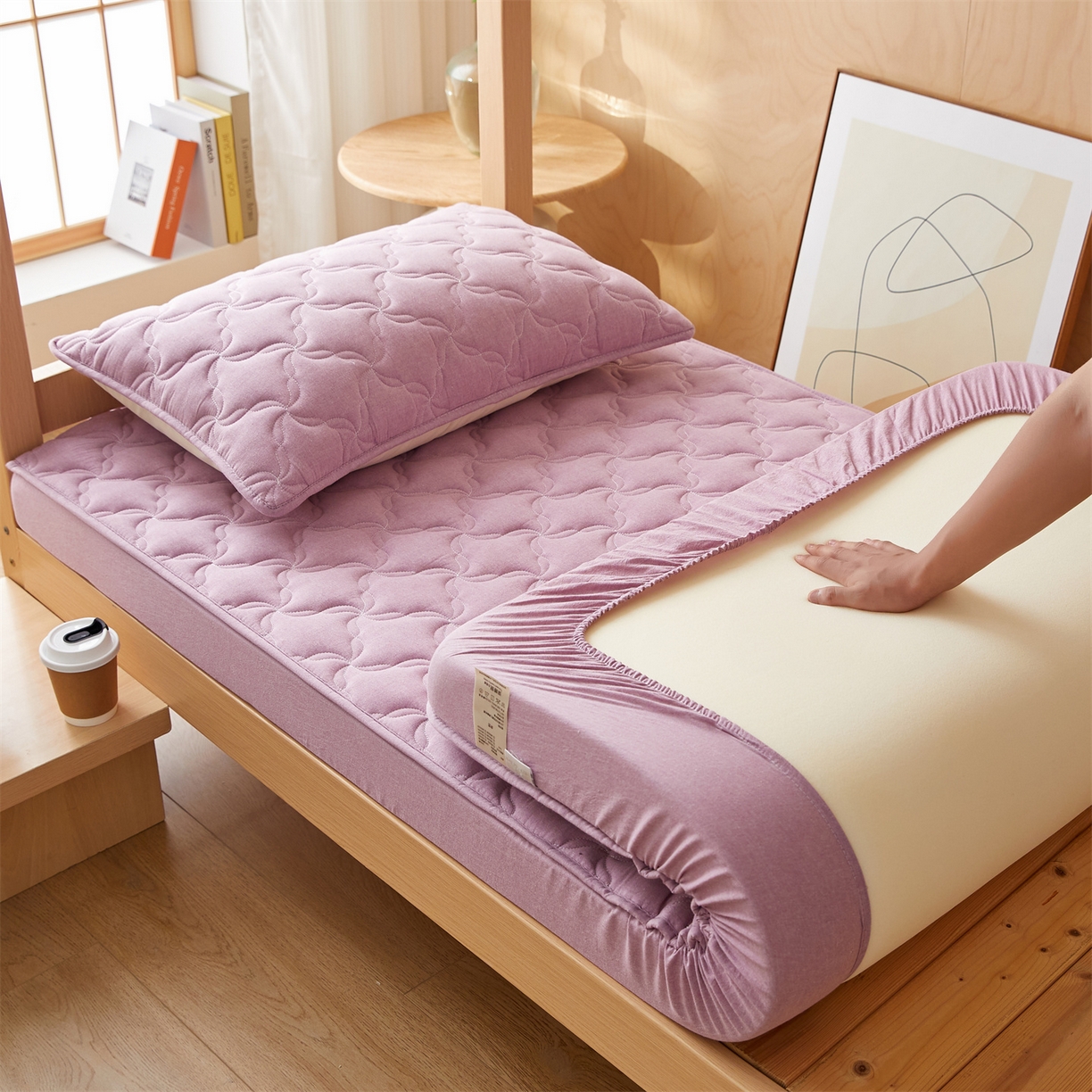 91家纺网 家纺一手货源 找家纺 多谷家纺 2025新款学生全棉纯棉色织水洗棉大豆床笠单床笠 浅紫色