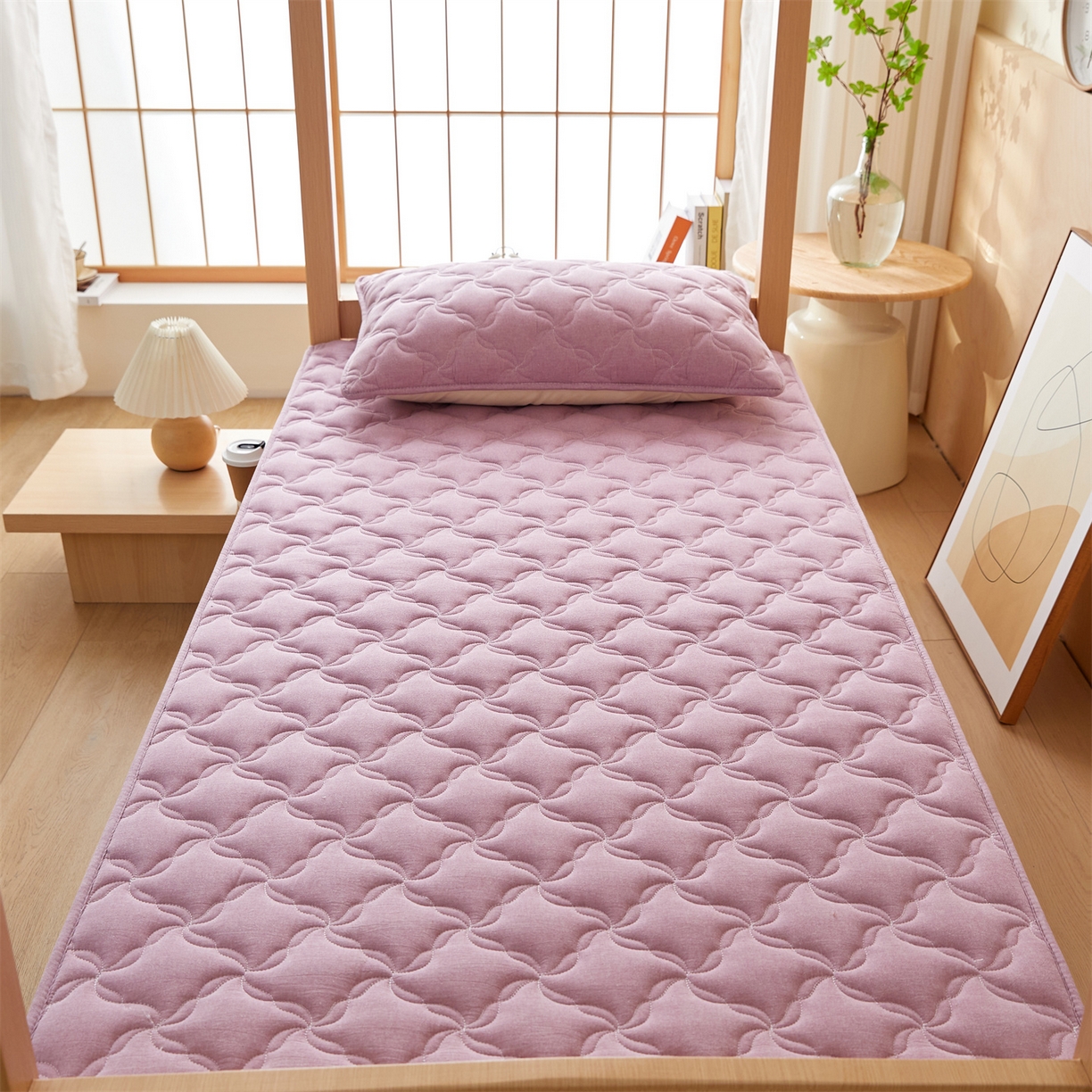 91家纺网 家纺一手货源 找家纺 多谷家纺 2025新款学生全棉纯棉色织水洗棉大豆床笠单床笠 浅紫色