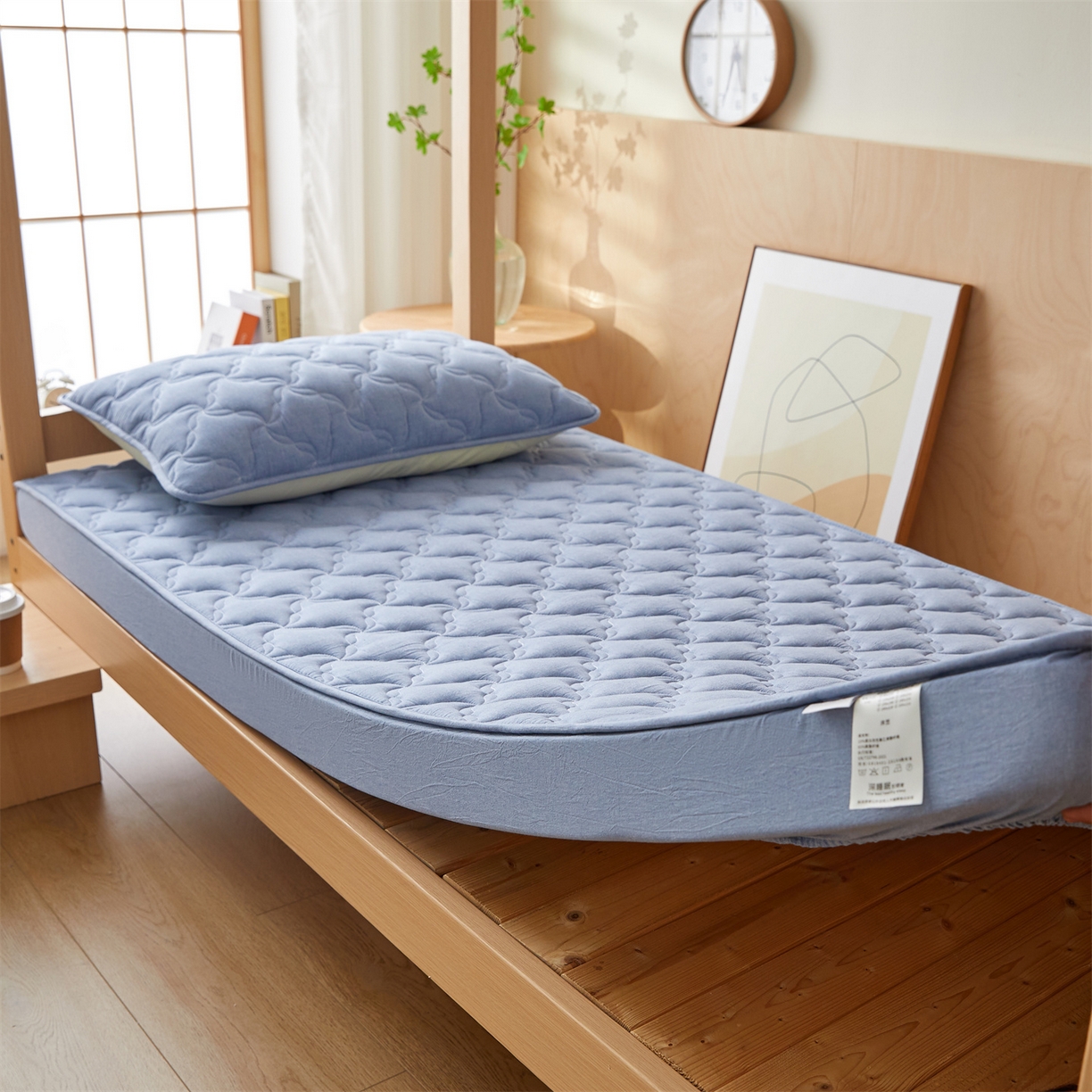 91家纺网 家纺一手货源 找家纺 多谷家纺 2025新款学生全棉纯棉色织水洗棉大豆床笠单床笠 浅牛仔蓝