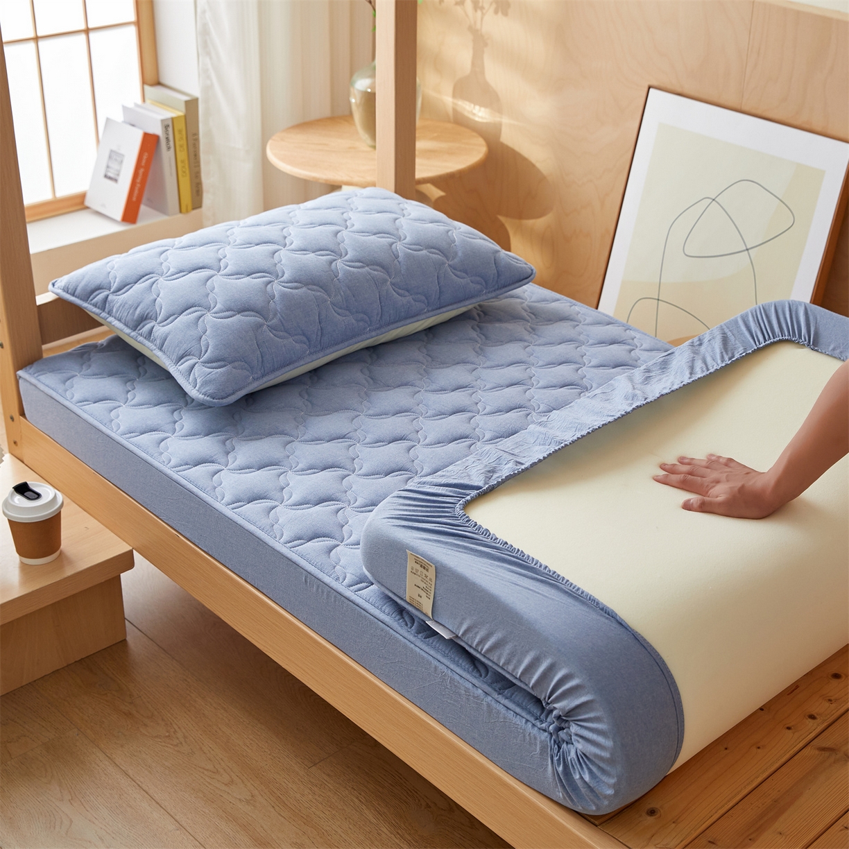 91家纺网 家纺一手货源 找家纺 多谷家纺 2025新款学生全棉纯棉色织水洗棉大豆床笠单床笠 浅牛仔蓝