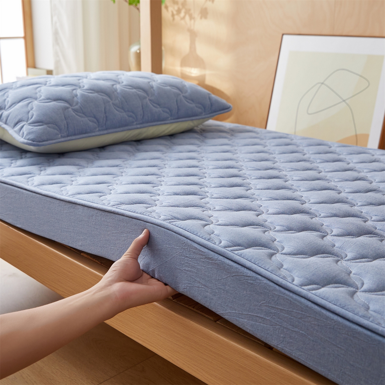 91家纺网 家纺一手货源 找家纺 多谷家纺 2025新款学生全棉纯棉色织水洗棉大豆床笠单床笠 浅牛仔蓝