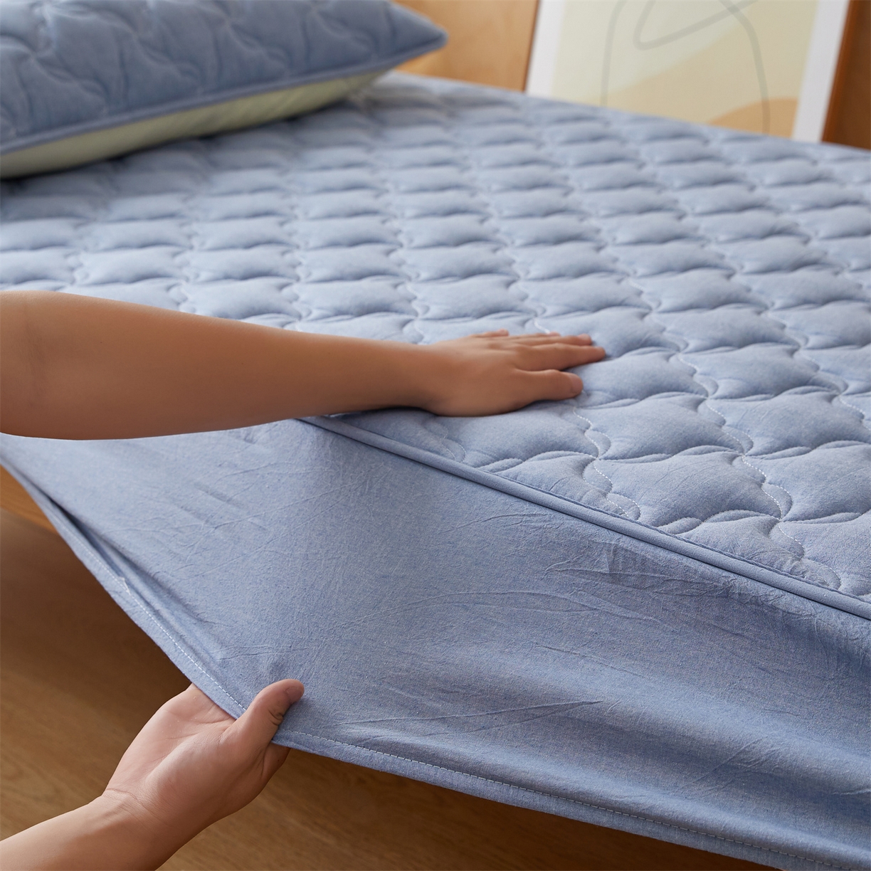 91家纺网 家纺一手货源 找家纺 多谷家纺 2025新款学生全棉纯棉色织水洗棉大豆床笠单床笠 浅牛仔蓝