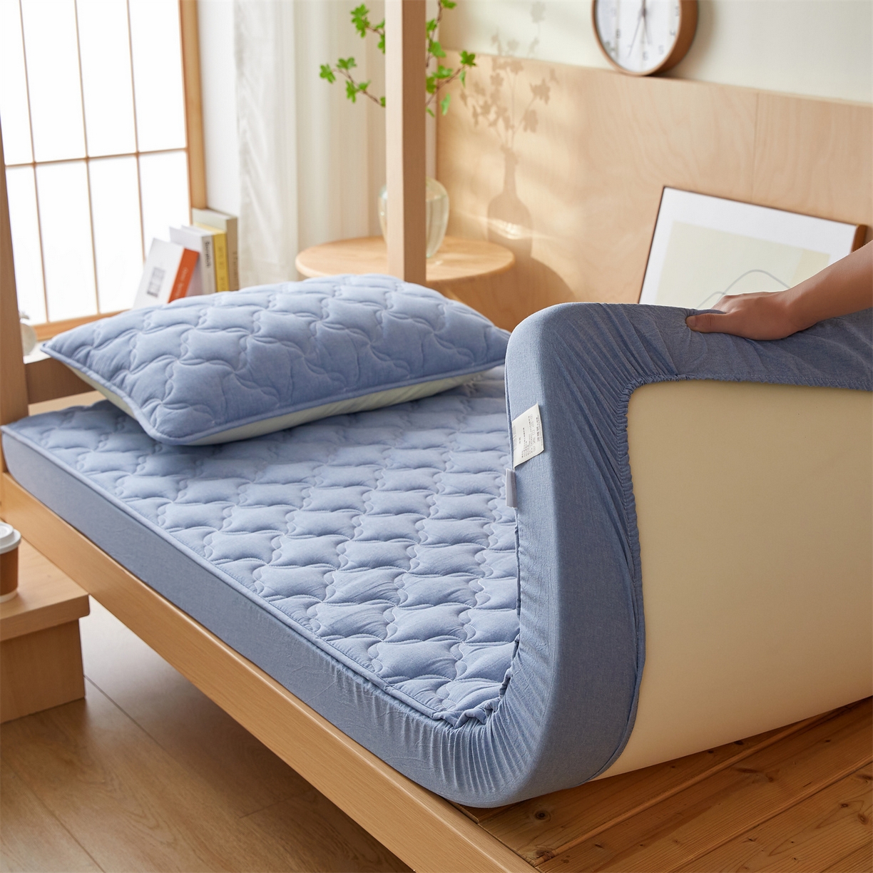 91家纺网 家纺一手货源 找家纺 多谷家纺 2025新款学生全棉纯棉色织水洗棉大豆床笠单床笠 浅牛仔蓝