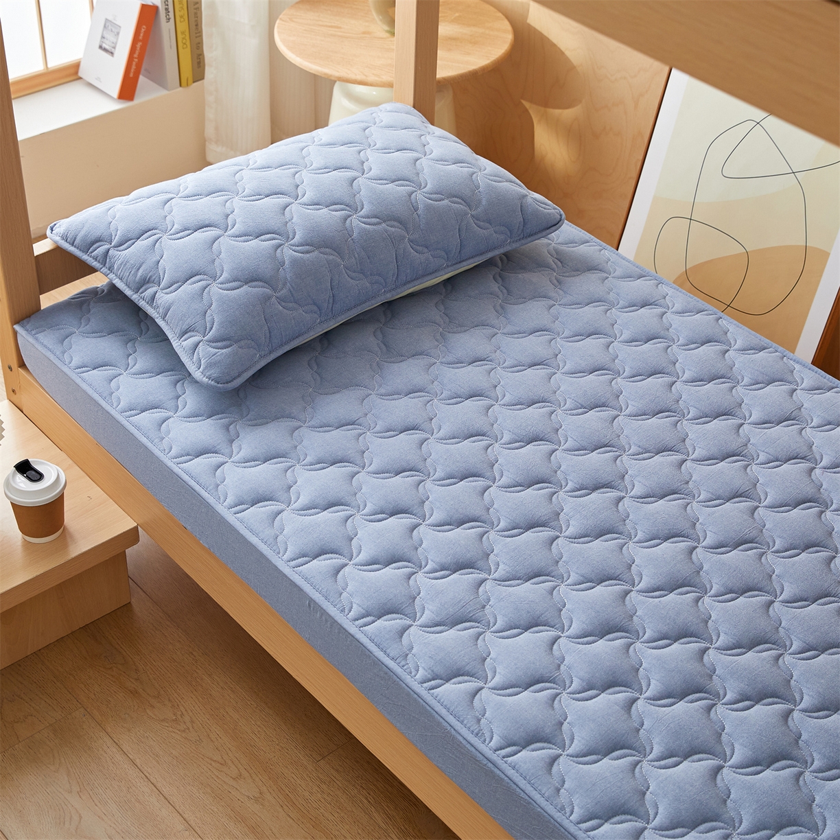 91家纺网 家纺一手货源 找家纺 多谷家纺 2025新款学生全棉纯棉色织水洗棉大豆床笠单床笠 浅牛仔蓝