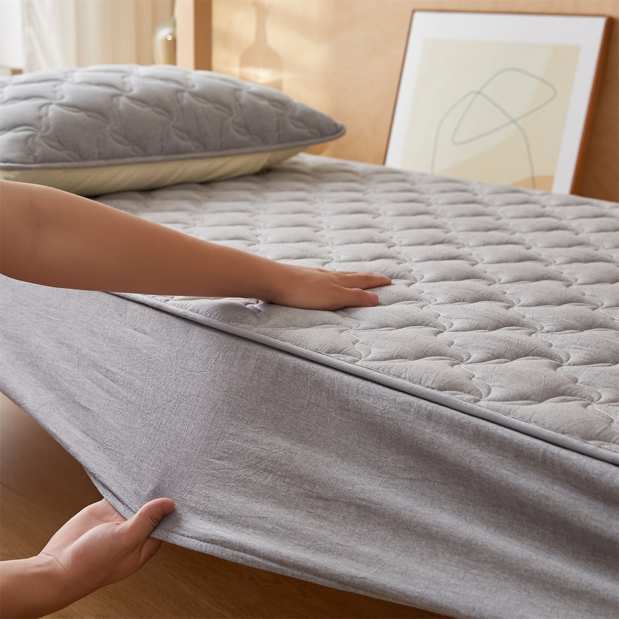 91家纺网 家纺一手货源 找家纺 多谷家纺 2025新款学生全棉纯棉色织水洗棉大豆床笠单床笠 安娜灰