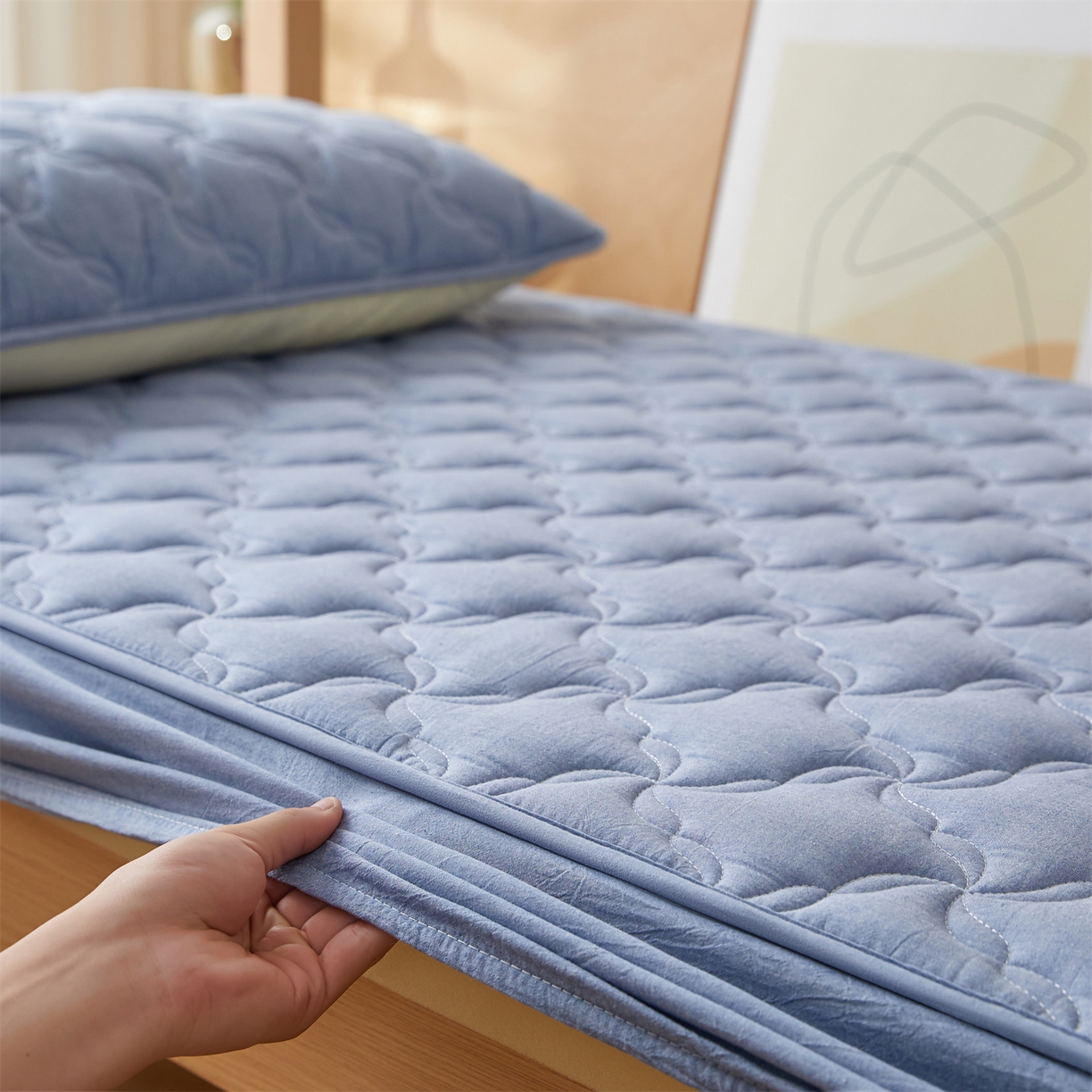 91家纺网 家纺一手货源 找家纺 多谷家纺 2025新款学生全棉纯棉色织水洗棉大豆床笠单床笠 浅牛仔蓝