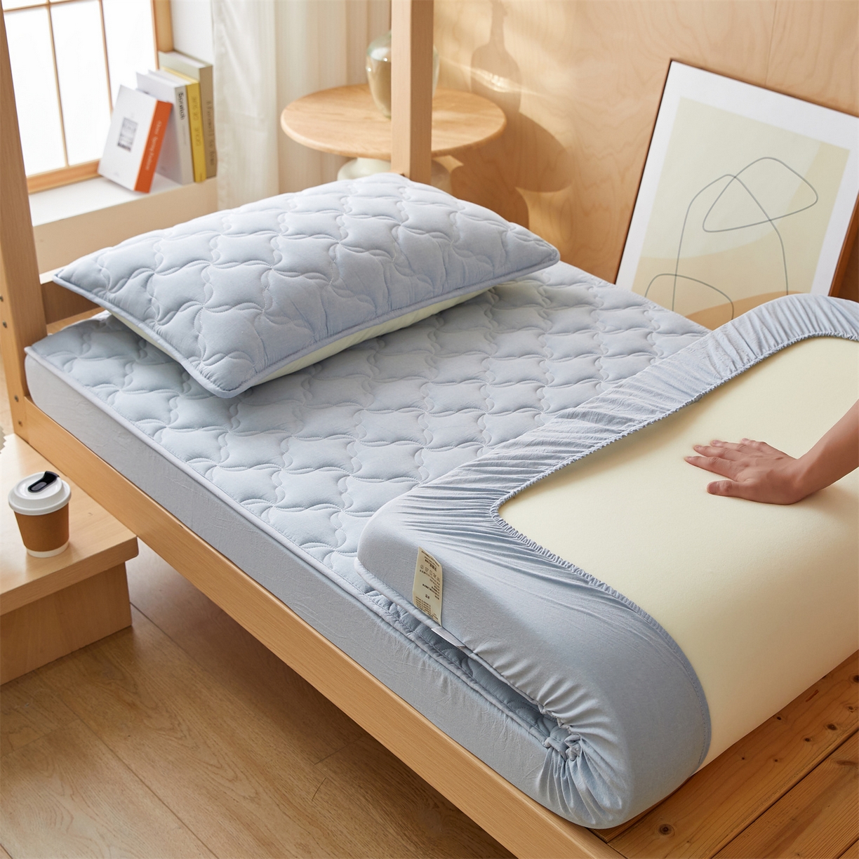 91家纺网 家纺一手货源 找家纺 多谷家纺 2025新款学生全棉纯棉色织水洗棉大豆床笠单床笠 雾霾蓝