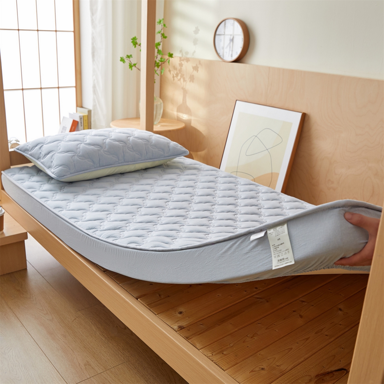 91家纺网 家纺一手货源 找家纺 多谷家纺 2025新款学生全棉纯棉色织水洗棉大豆床笠单床笠 雾霾蓝