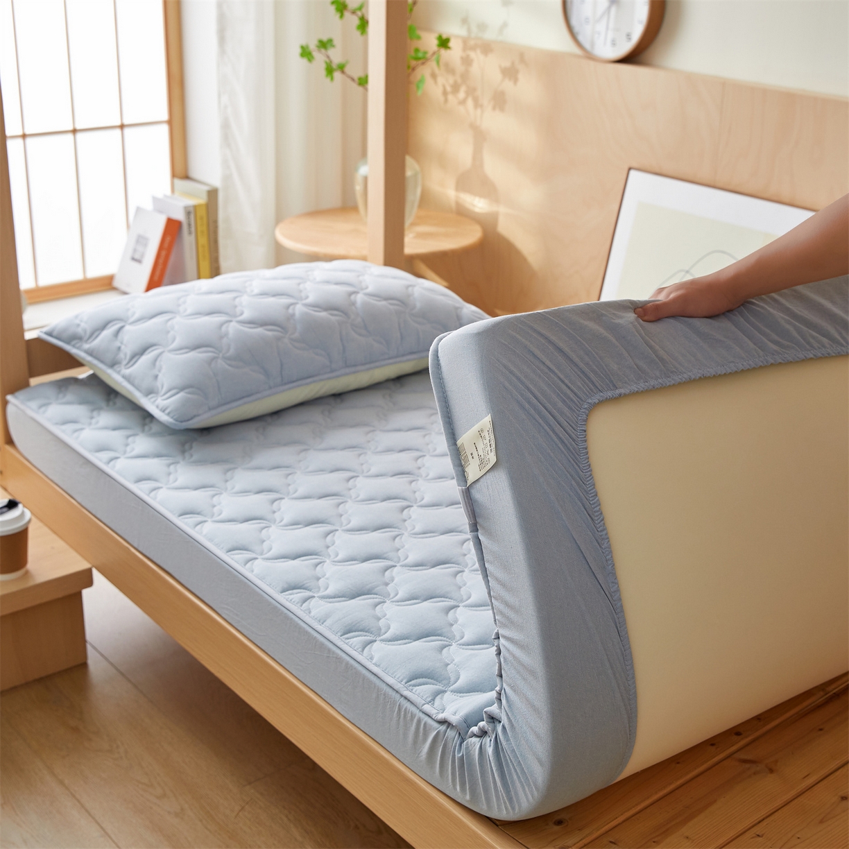 91家纺网 家纺一手货源 找家纺 多谷家纺 2025新款学生全棉纯棉色织水洗棉大豆床笠单床笠 雾霾蓝