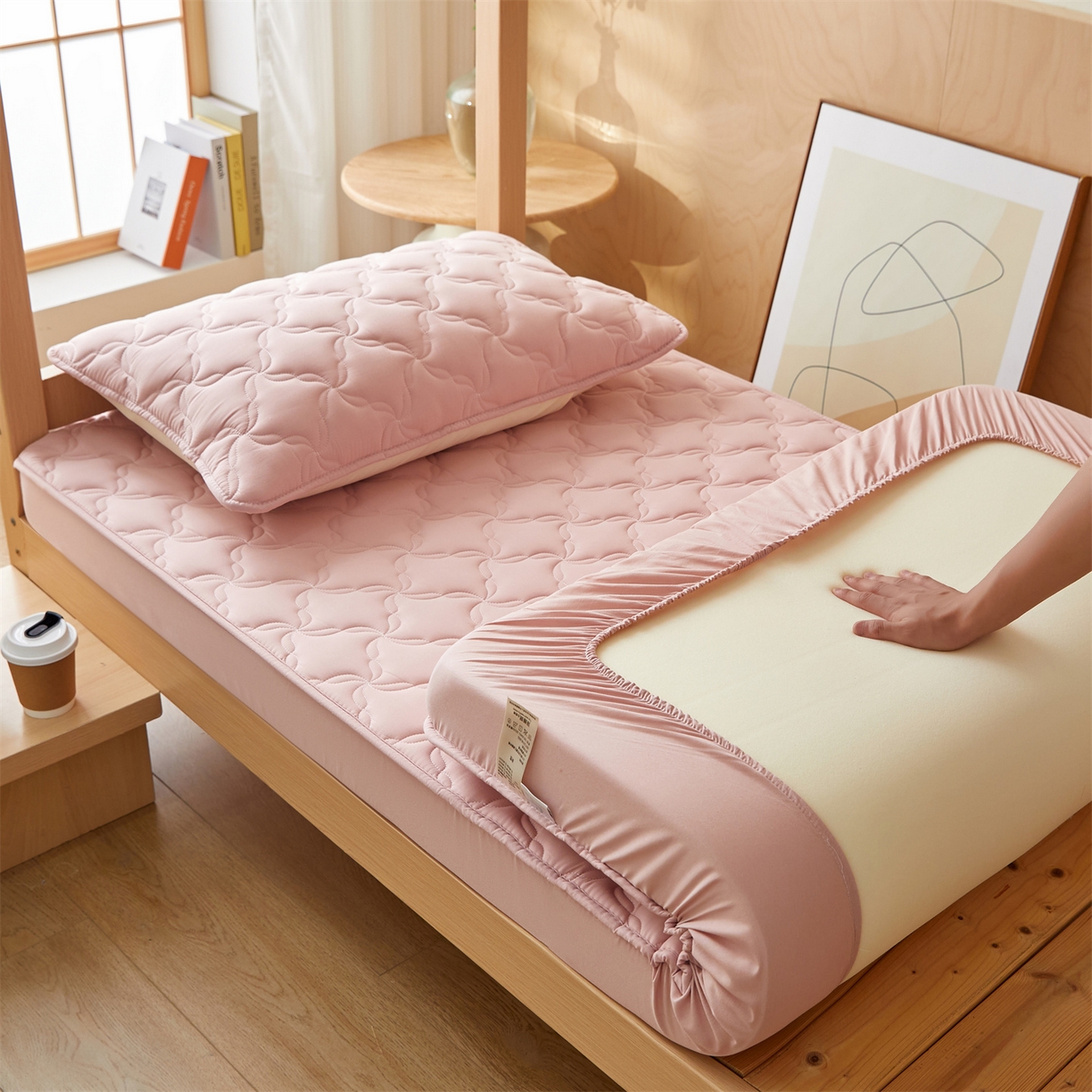 91家纺网 家纺一手货源 找家纺 多谷家纺 2025新款学生全棉纯棉色织水洗棉大豆床笠单床笠 藕粉