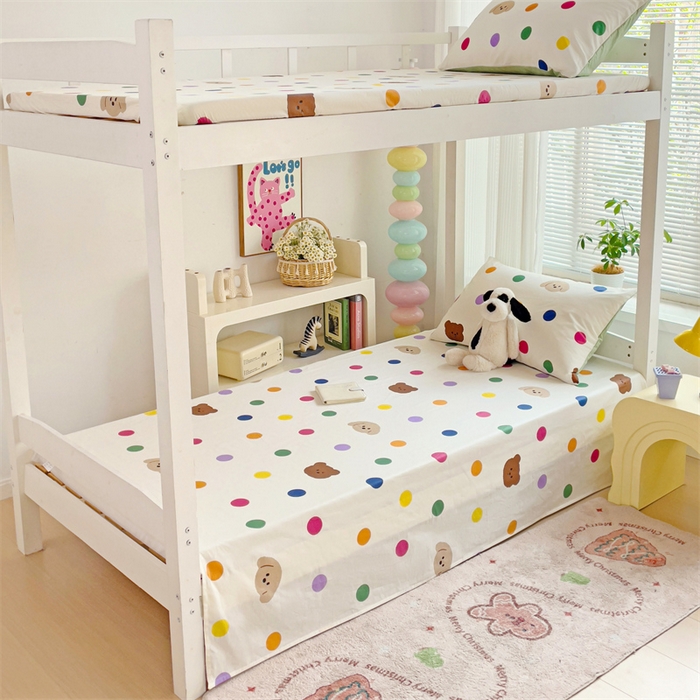 91家纺网 家纺一手货源 找家纺 名兮家居 2025新款全棉纯棉13372学生床上下铺单床单 波点小熊