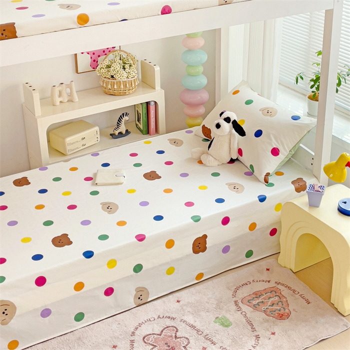 91家纺网 家纺一手货源 找家纺 名兮家居 2025新款全棉纯棉13372学生床上下铺单床单 波点小熊