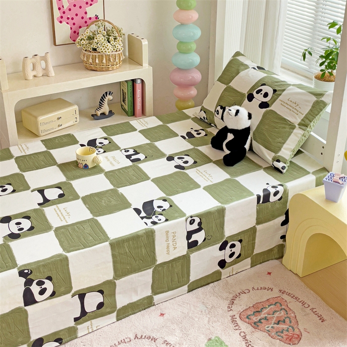 91家纺网 家纺一手货源 找家纺 名兮家居 2025新款全棉纯棉13372学生床上下铺单床单 熊猫胖达