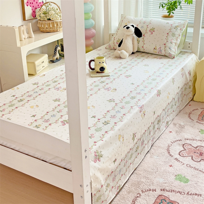 91家纺网 家纺一手货源 找家纺 名兮家居 2025新款全棉纯棉13372学生床上下铺单床单 甜蜜兔兔