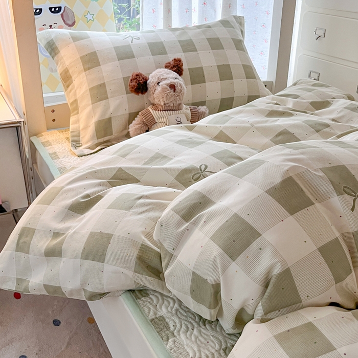 91家纺网 家纺一手货源 找家纺 慕晨 2025新款全棉学生床盖宿舍印花纯棉床盖三件套AB版皆可用四季通用直播 清新绿格