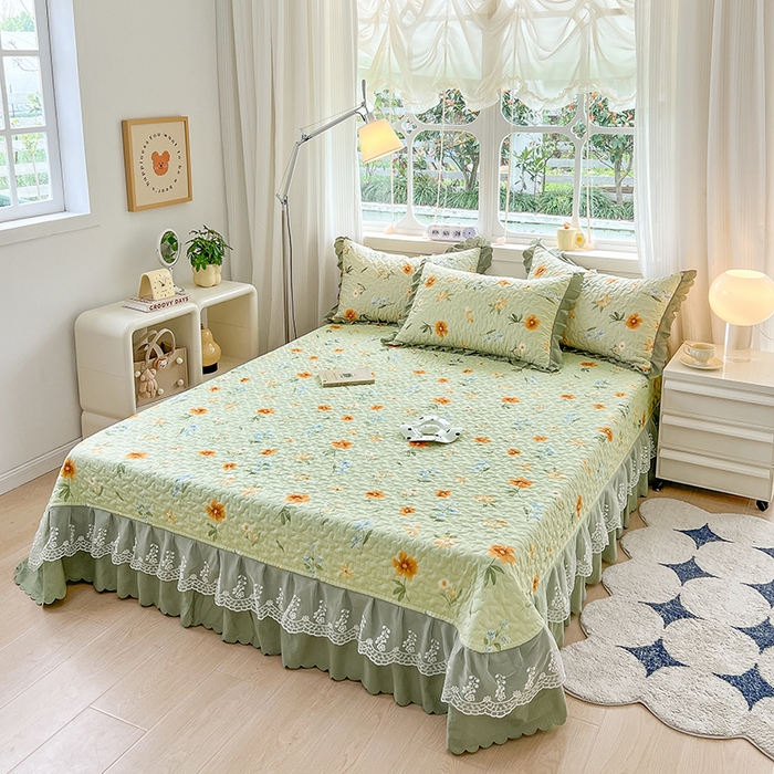 91家纺网 家纺一手货源 找家纺 金梦家居 2025新款印花小竹棉花边夹棉床盖夏被四件套 花镜