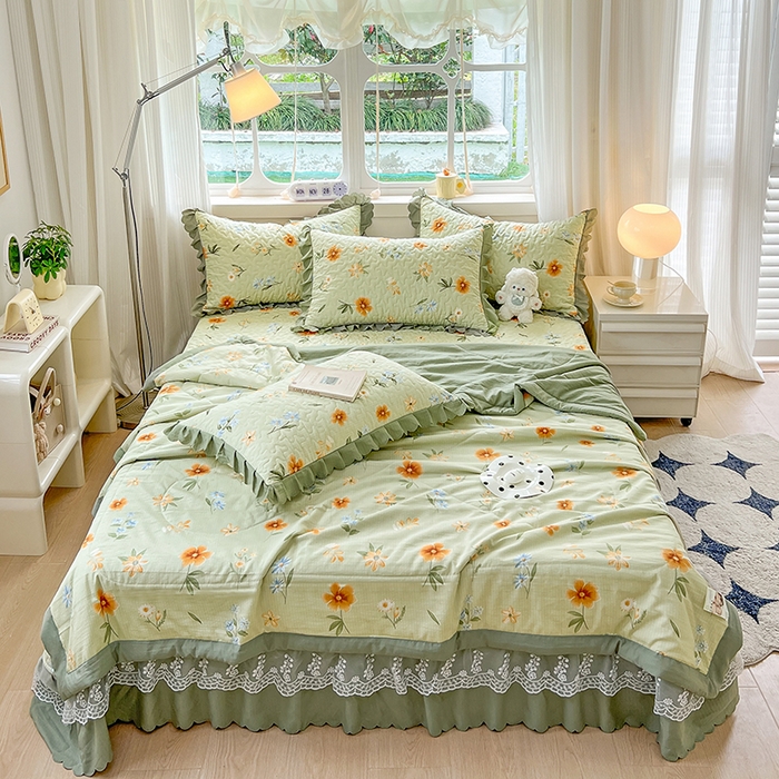 91家纺网 家纺一手货源 找家纺 金梦家居 2025新款印花小竹棉花边夹棉床盖夏被四件套 花镜