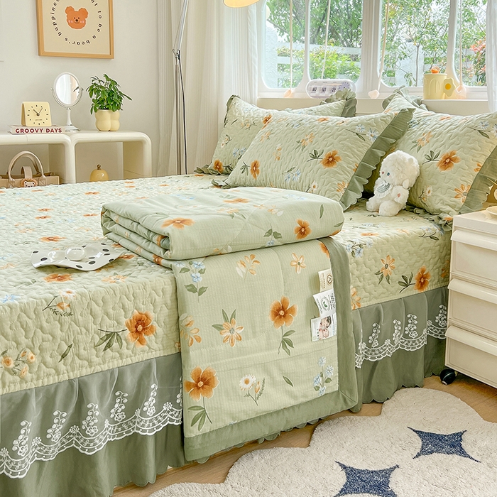 91家纺网 家纺一手货源 找家纺 金梦家居 2025新款印花小竹棉花边夹棉床盖夏被四件套 花镜